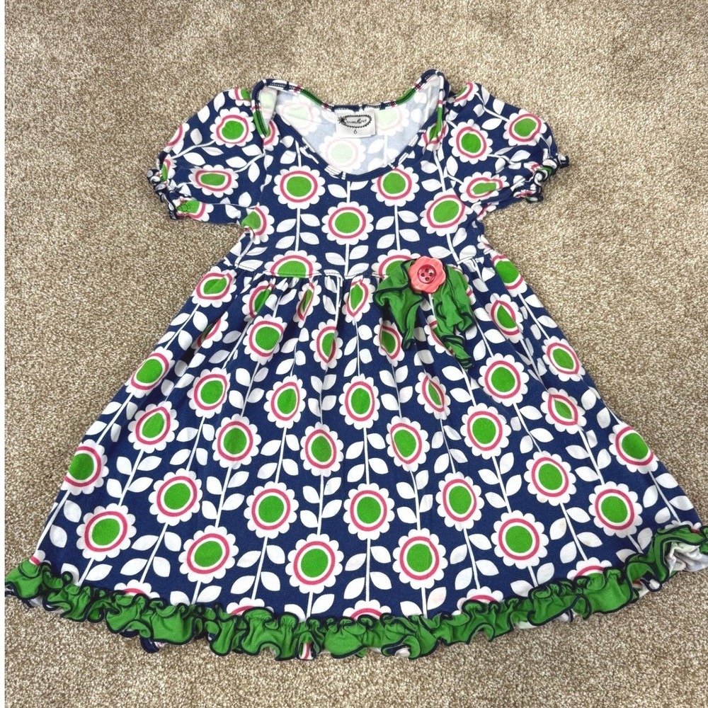 Loves Me Not Girls Floral Ruffle Dress Navy Blue Green Pink Daisy 6 Twirl Mod